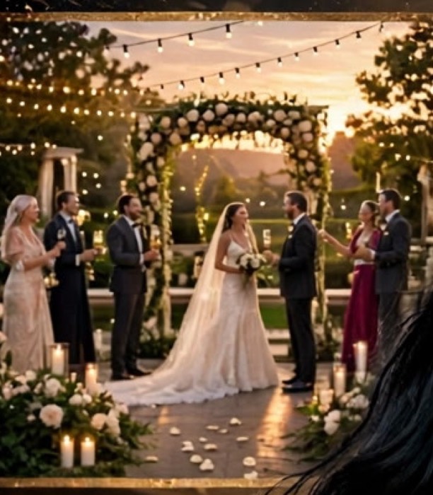 Wedding ceremony under a floral arch and string lights