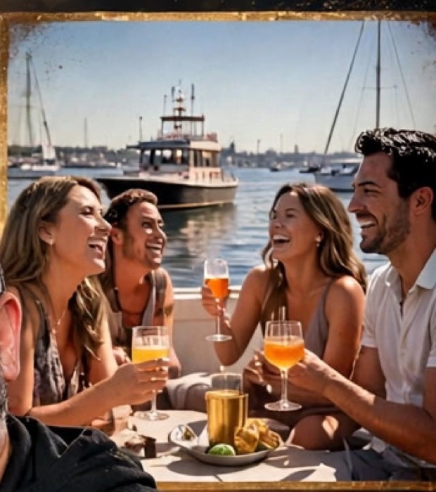 Friends laughing over cocktails by the water