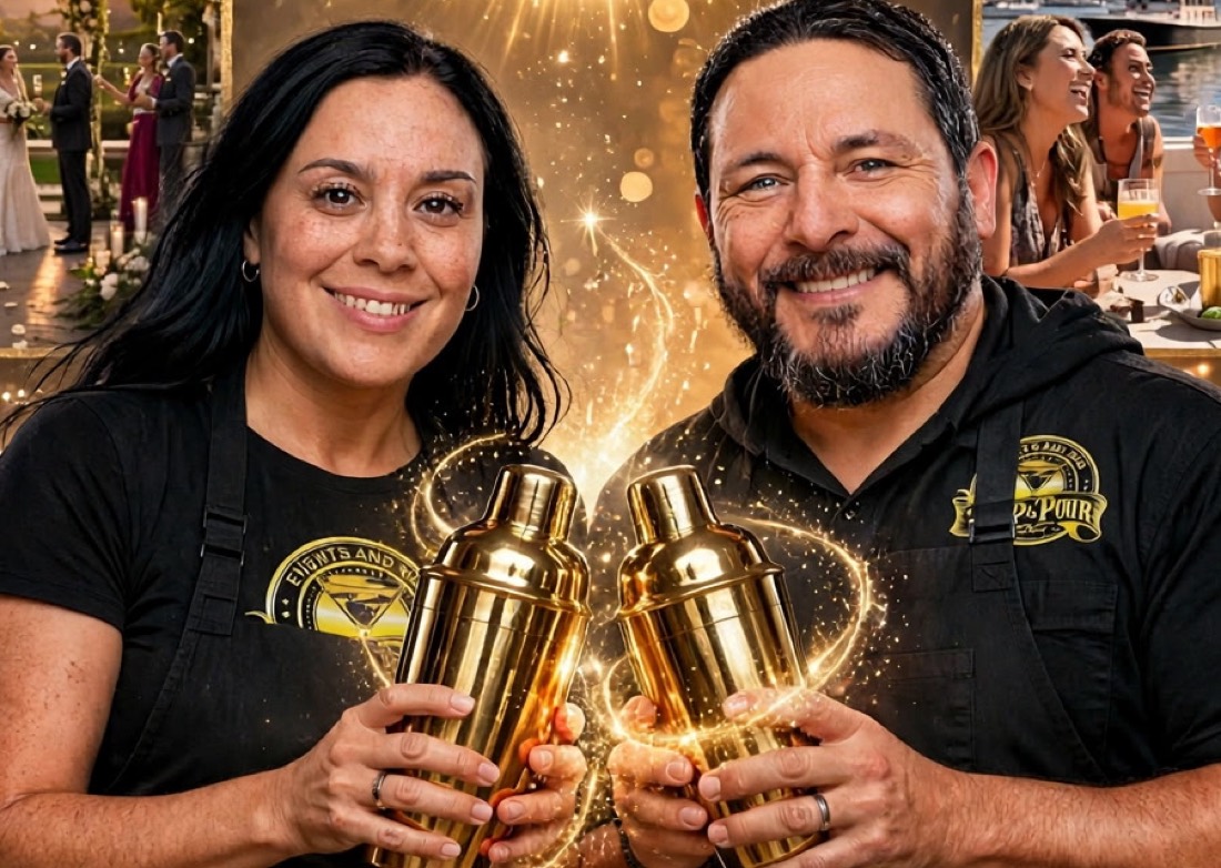 Eric Bernal and Rachel Knoester holding gold cocktail shakers