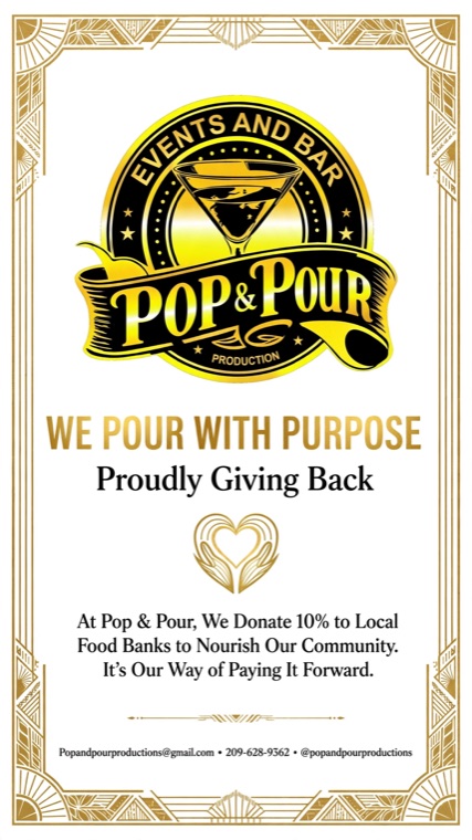 Pop & Pour flyer: Proudly giving back. We donate to local food banks.