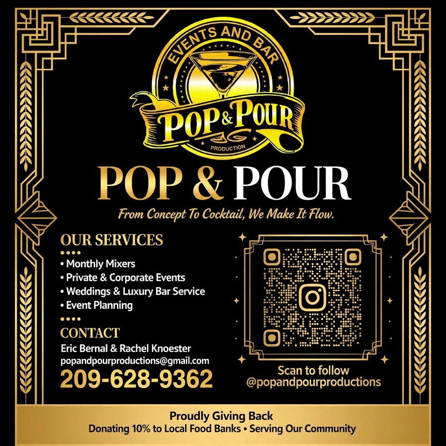 Pop & Pour services flyer: monthly mixers, private and corporate events, weddings and luxury bar service, event planning.